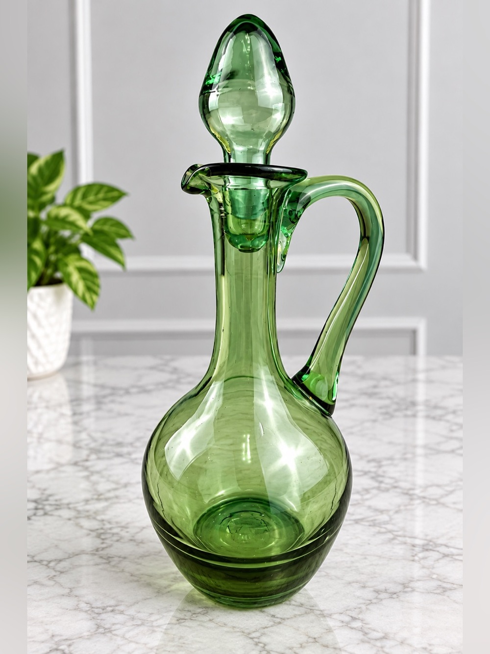 Green Hand Blown Art Glass Cruet Decanter w/ Stopper 7”